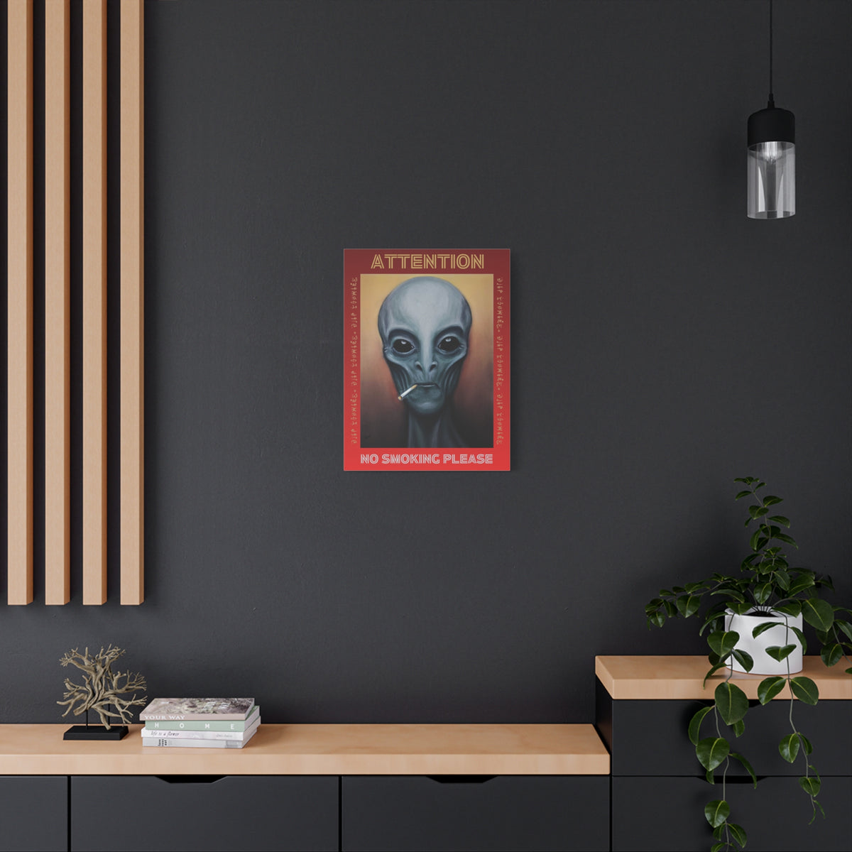 Close-up of printed canvas texture and high-contrast alien features.
