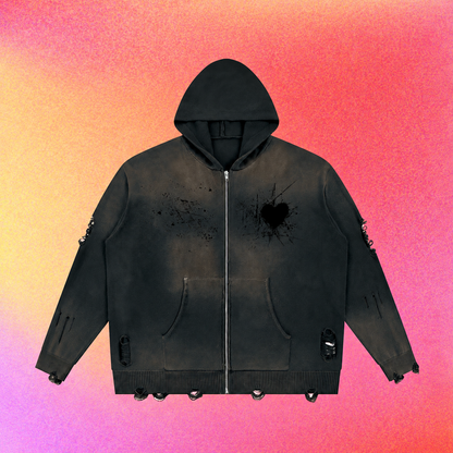 Black zip-up hoodie with a distressed heart graphic centered on the chest.