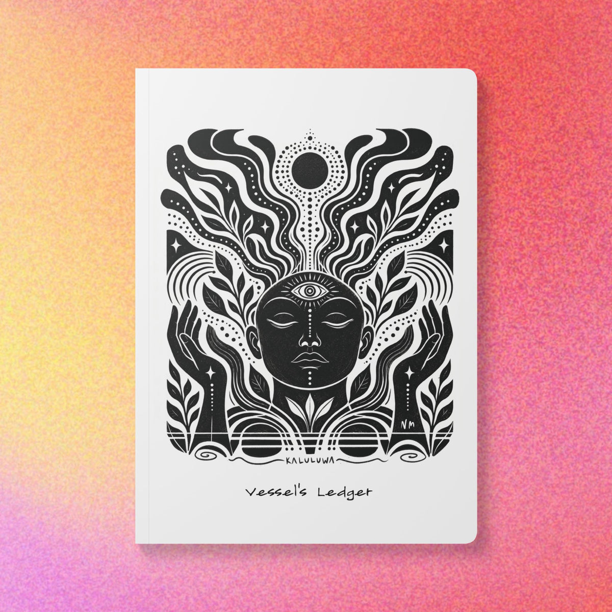 Softcover ruled journal with black-and-white celestial cover art and decorative botanical details.