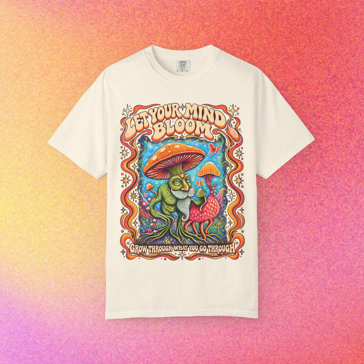 Comfort Colors T-shirt with a colorful retro mushroom illustration centered on the chest.