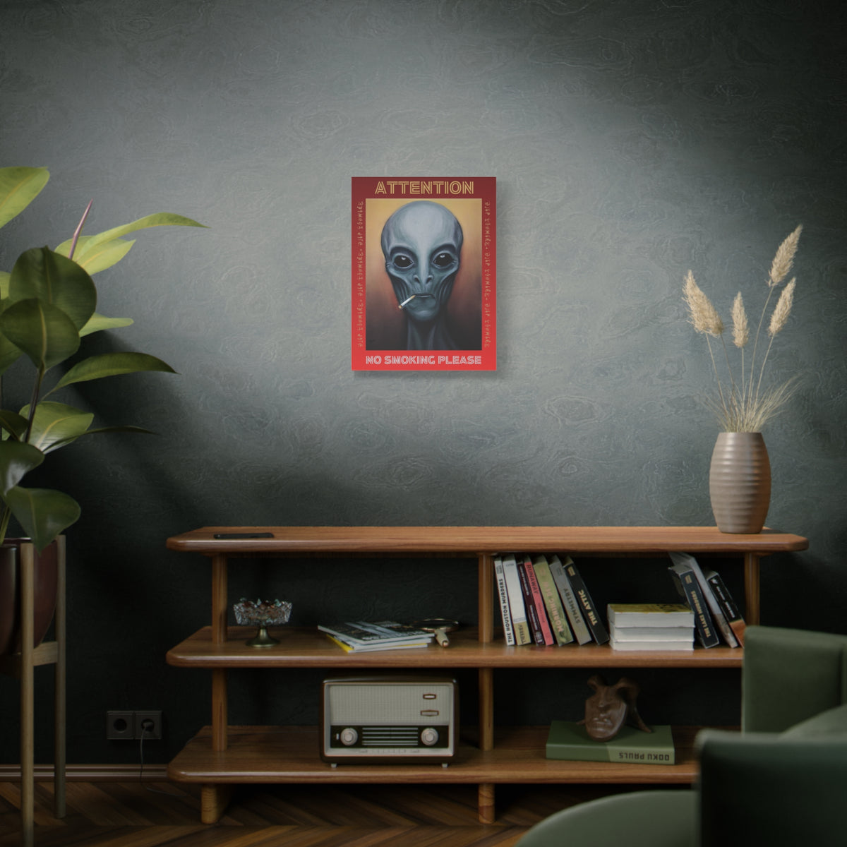 Alien portrait canvas shown on a hanging display with soft shadows.