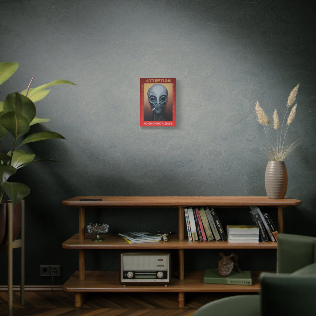 Close-up of matte canvas corner and visible brushwork in the alien portrait.