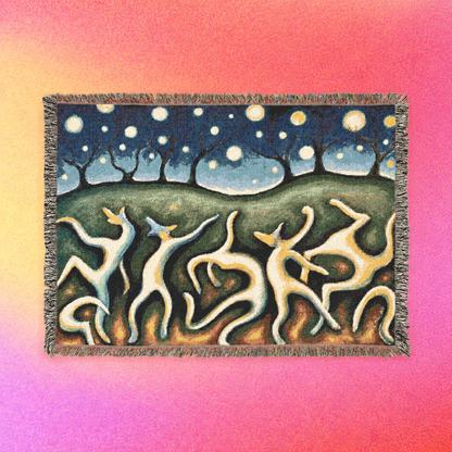 Woven cotton blanket showing colorful surreal dancers beneath a starry night sky.