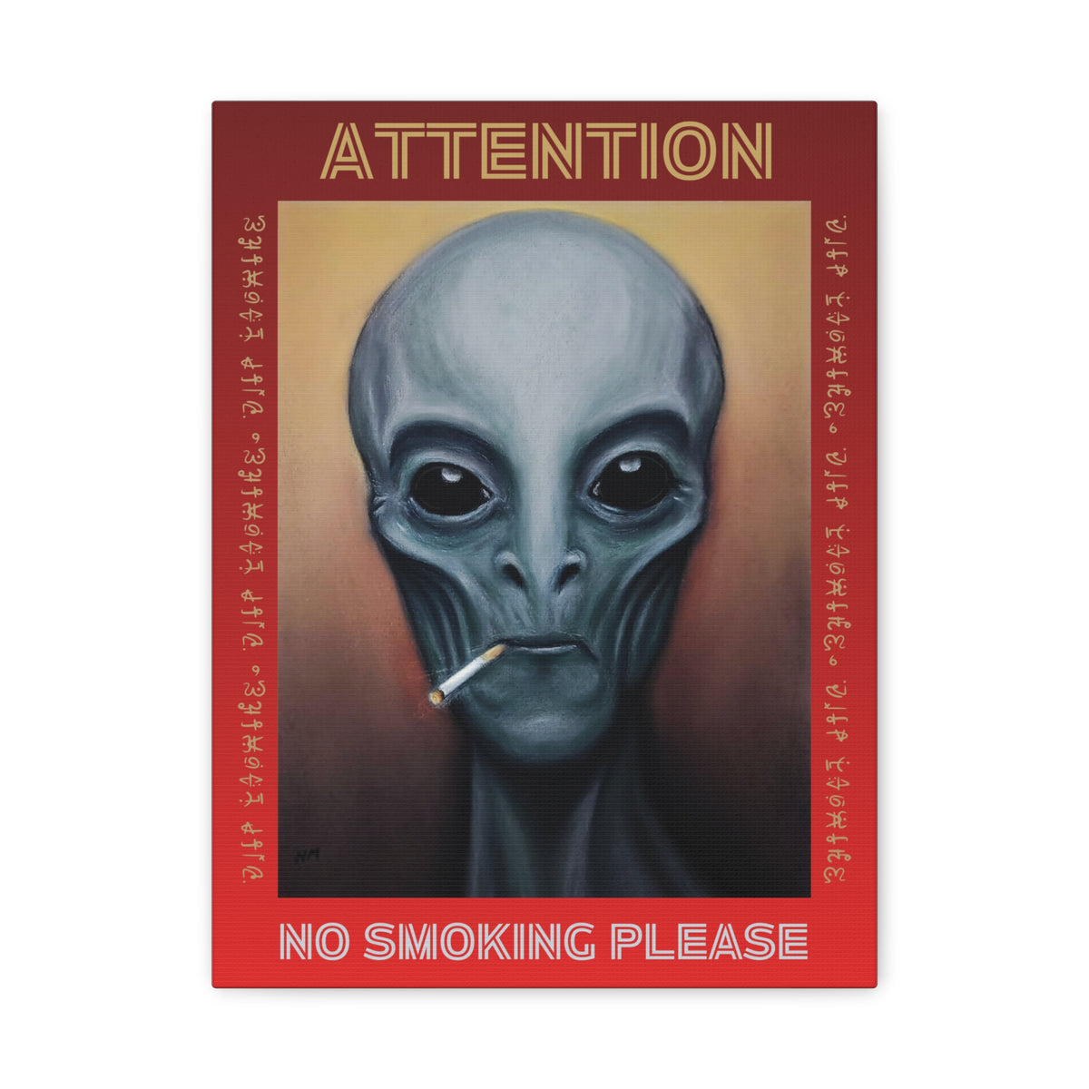 Framed alien artwork leaning against a wall with gallery-style lighting.