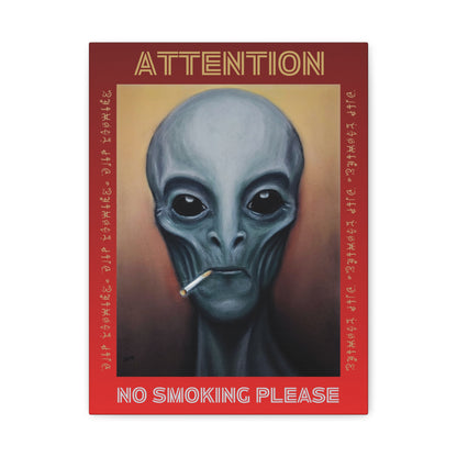 Framed alien artwork leaning against a wall with gallery-style lighting.
