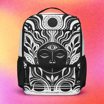 Utility backpack in printed polyester with multiple pockets, mesh side pockets, and a zippered laptop compartment.