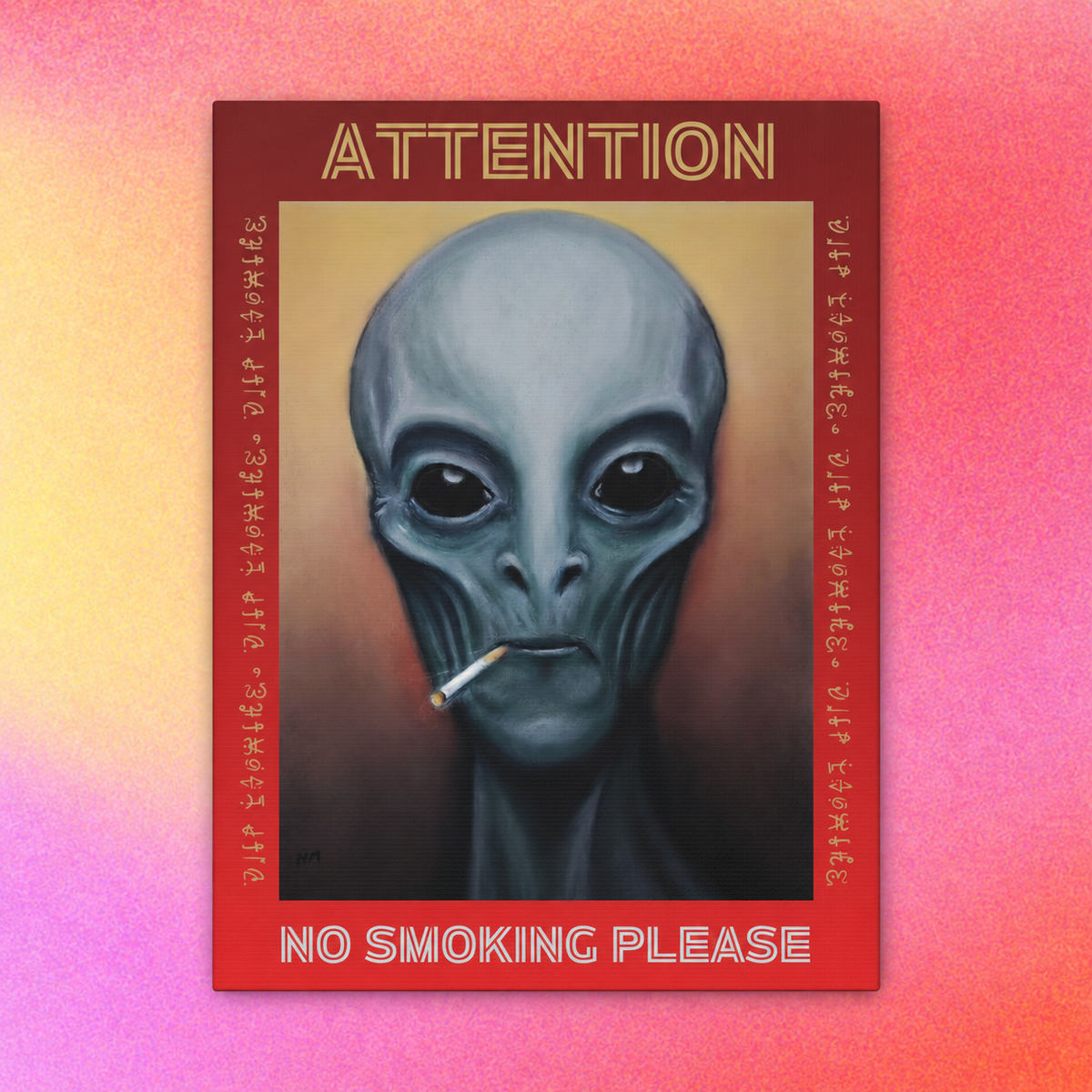 Abstract alien portrait with a crossed-out cigarette symbol on matte canvas.