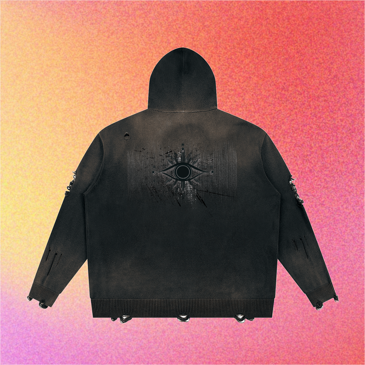 Hoodie laid flat showing full front zipper, distressed edges, and ripped details.